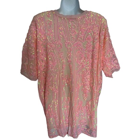 DONNA LEAH DESIGNS One Size Fits All Sequined Appliqués Rib Collar Short Sleeve - Picture 4 of 8